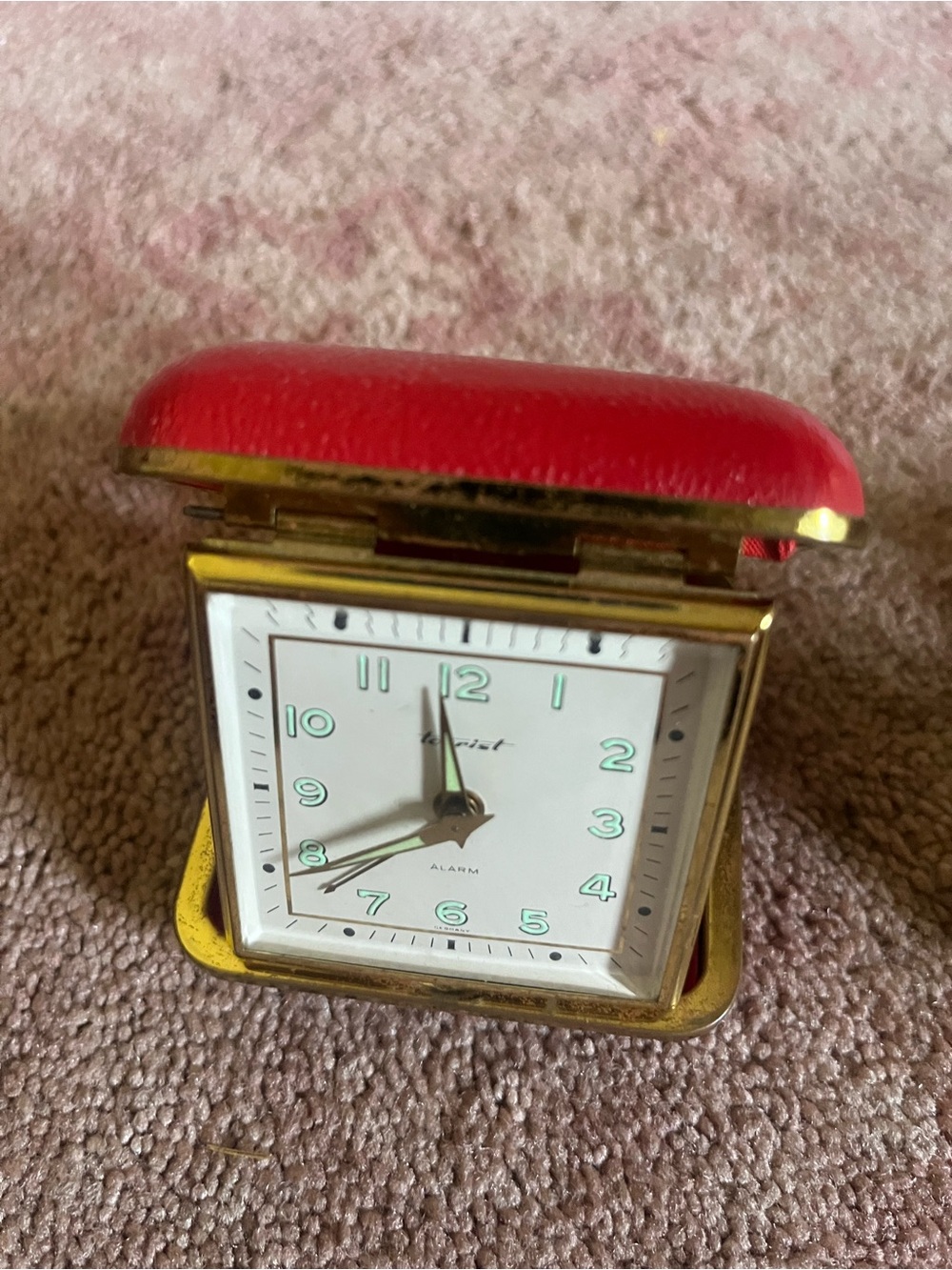 Vintage Red Folding Travel Alarm Clock with Gold Trim